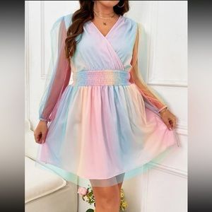 Pastel Ombré Rainbow Dress With Sheer Balloon Sleeves